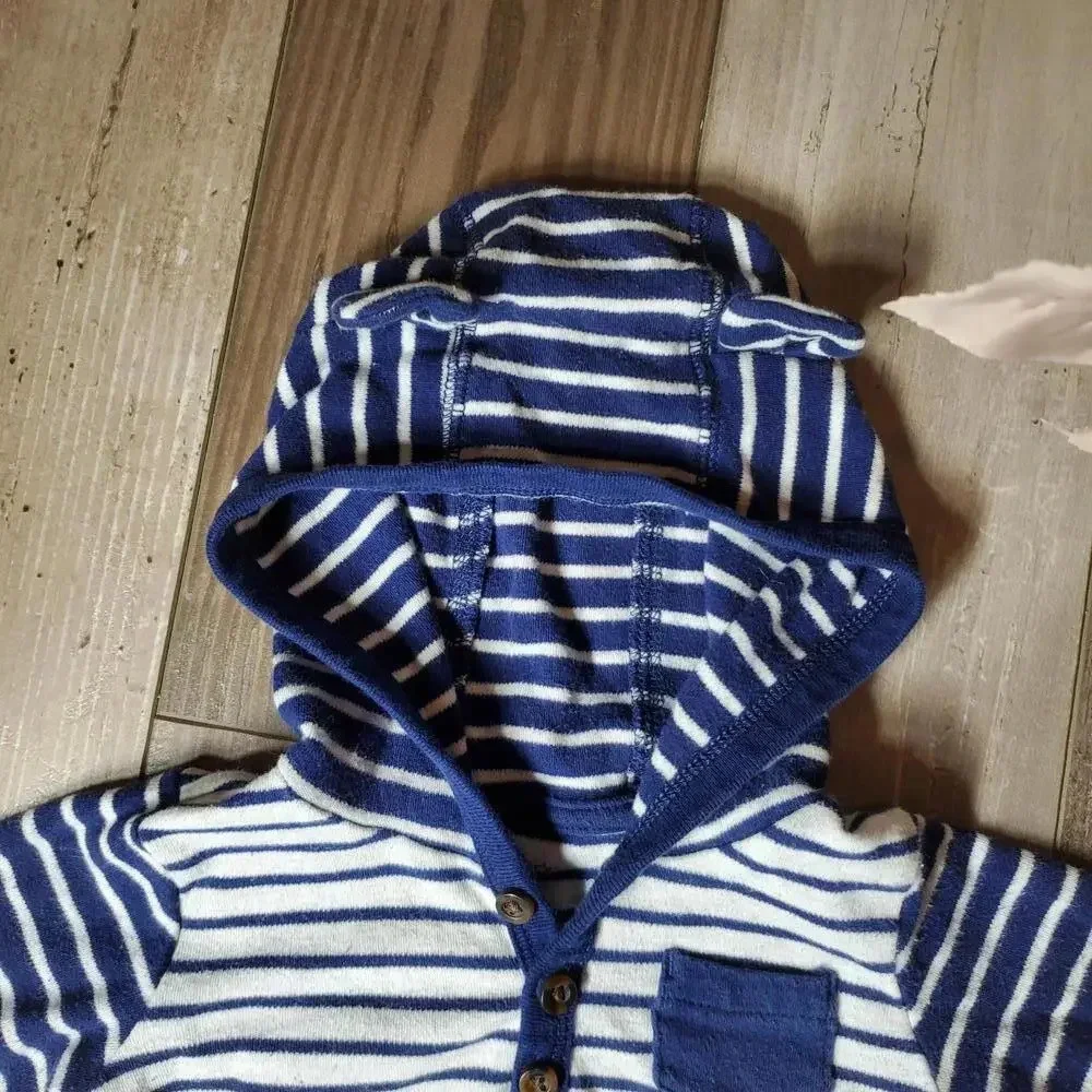 Carter's Blue and White Striped Animal Ear Hooded Onesie Size 9M NWOT